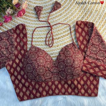 TRENDING AJRAKH COTTON HALTER NECK READY TO WEAR BLOUSE MAROON