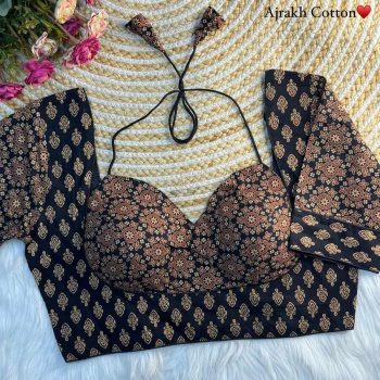 TRENDING AJRAKH COTTON HALTER NECK READY TO WEAR BLOUSE BLACK