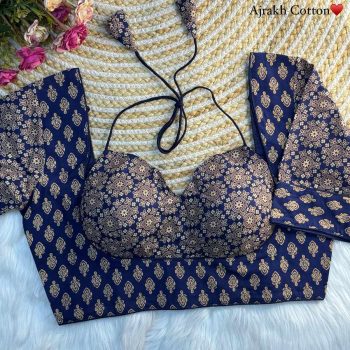 TRENDING AJRAKH COTTON HALTER NECK READY TO WEAR BLOUSE BLUE
