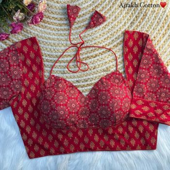 TRENDING AJRAKH COTTON HALTER NECK READY TO WEAR BLOUSE RED
