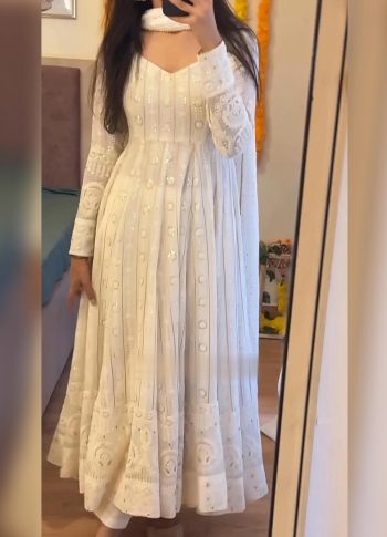TRENDING BLOOMING GEORGETTE EMBROIDERY THREAD SEQUENCE WORK ANARKALI GOWN BOTTOM WITH DUPATTA WHITE