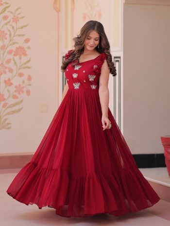 TRENDING BLOOMING GEORGETTE THREAD SEQUENCE EMBROIDERY WORK ONLY GOWN RANI