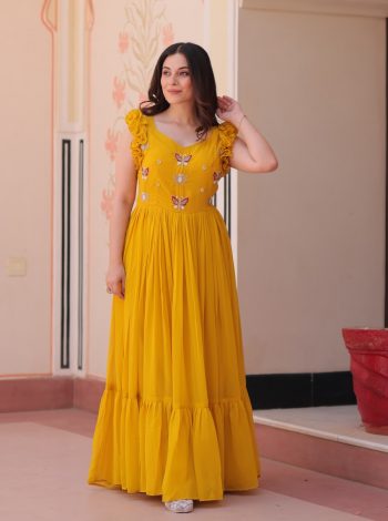 TRENDING BLOOMING GEORGETTE THREAD SEQUENCE EMBROIDERY WORK ONLY GOWN YELLOW