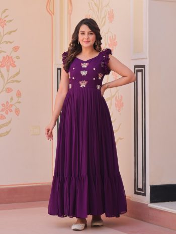 TRENDING BLOOMING GEORGETTE THREAD SEQUENCE EMBROIDERY WORK ONLY GOWN PURPLE