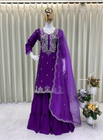 TRENDING CHINON CODING SEQUENCE EMBROIDERY WORK TOP LEHENGA WITH DUPATTA PURPLE
