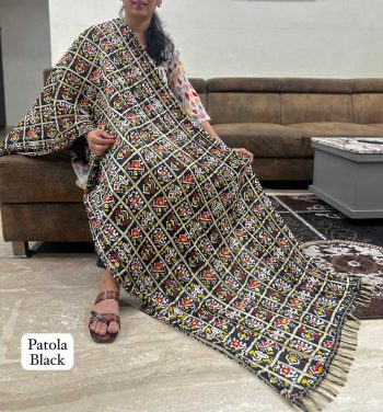TRENDING CHINON CRUSH PATOLA PRINTED JHALAR LACE WORK ONLY DUPATTA BLACK