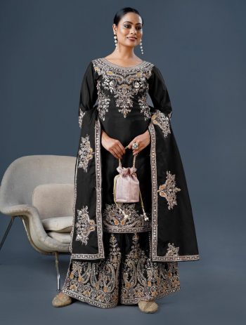 TRENDING CHINON SILK EMBROIDERY WORK TOP PALAZZO WITH DUPATTA BLACK