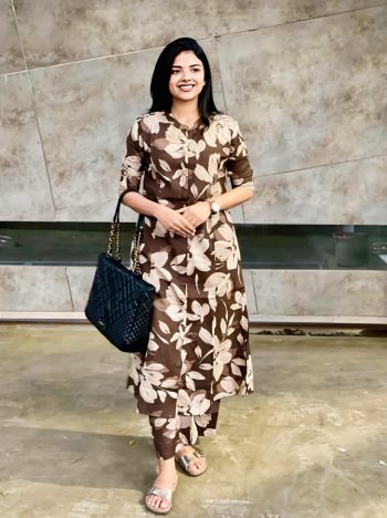 TRENDING COTTON DIGITAL PRINTED ONE SIDE POCKET CO-ORD SET BROWN