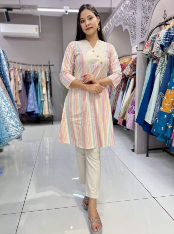 TRENDING COTTON PRINTED BUTTON WORK TOP PENT SET MULTI
