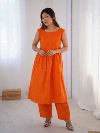 TRENDING COTTON SLUB PLAIN TOP PENT SET ORANGE