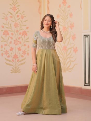TRENDING FENDY SILK BEADS EMBROIDERY WORK ONLY GOWN OLIVE