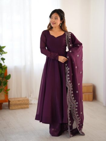 TRENDING FENDY SILK PLAIN GOWN BOTTOM WITH EMBROIDERY WORK DUPATTA PURPLE