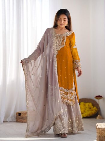 TRENDING GEORGETTE EMBROIDERY CODING SEQUENCE WORK TOP SHARARA WITH DUPATTA YELLOW
