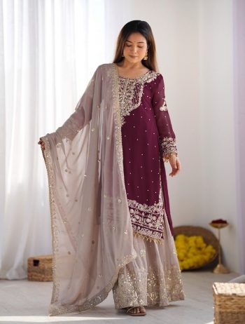 TRENDING GEORGETTE EMBROIDERY CODING SEQUENCE WORK TOP SHARARA WITH DUPATTA WINE