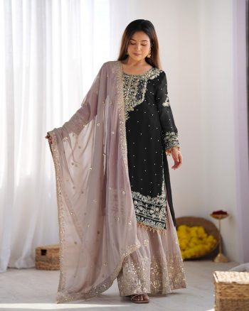 TRENDING GEORGETTE EMBROIDERY CODING SEQUENCE WORK TOP SHARARA WITH DUPATTA BLACK