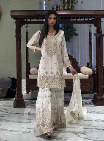 TRENDING GEORGETTE EMBROIDERY SEQUENCE WORK TOP SHARARA WITH DUPATTA WHITE