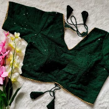 FANCY GEORGETTE SHIPLI WITH SEQUENCE GOTA PATI LACE WORK STITCHED BLOUSE GREEN
