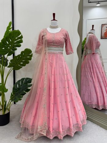TRENDING GEORGETTE THREAD SEQUENCE WORK LEHENGA CHOLI WITH DUPATTA BABYPINK