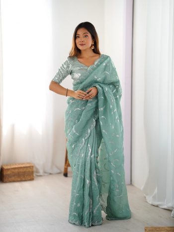 TRENDING GOLD CRUSH SEQUENCE WORK SAREE WITH UNSTITCHED BLOUSE SKY