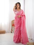 TRENDING GOLD CRUSH SEQUENCE WORK SAREE WITH UNSTITCHED BLOUSE PINK