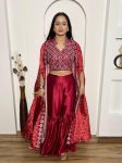 TRENDING JAPAN SATIN SILK DIGITAL PRINTED PAPER MIRROR WORK BLOUSE KOTI WITH SHARARA MAROON