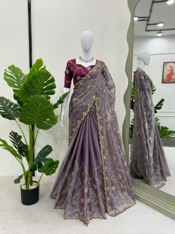 TRENDING JIMMY CHOO EMBROIDERY SEQUENCE WORK SAREE WITH UNSTITCHED BLOUSE   LAVENDER