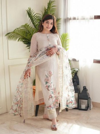 TRENDING LINEN COTTON PRINTED THREAD LACE WORK TOP BOTTOM WITH DUPATTA OFF WHITE