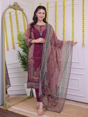 TRENDING MUSLIN DIGITAL PRINT WITH  HAND EMBROIDERY WORK TOP BOTTOM WITH DUPATTA MAROON