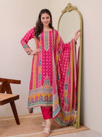 TRENDING MUSLIN DIGITAL PRINTED MIRROR HAND WORK TOP BOTTOM WITH DUPATTA PINK