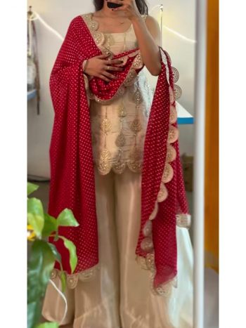 TRENDING NATURAL CREPE SILK EMBROIDERY CODING SEQUENCE WORK TOP PALAZZO WITH DUPATTA WHITE