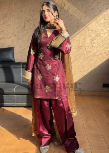 TRENDING NATURAL CREPE SILK EMBROIDERY SEQUENCE LACE WORK TOP PALAZZO WITH DUPATTA MAROON