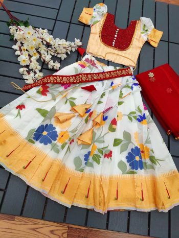 TRENDING NYLON ORGANZA SILK ZARI WEAVING WORK KID'S LEHENGA CHOLI WHITE