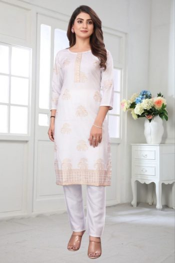 TRENDING RAYON FOIL PRINTED TOP PENT SET WHITE