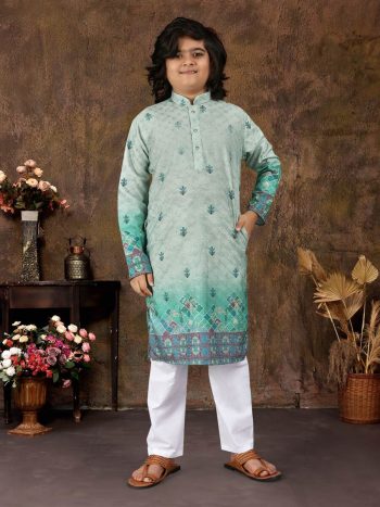 TRENDING RAYON ZARI CROCHET WORK KID'S KURTA WITH PAYJAMA MINT