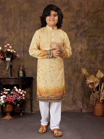 TRENDING RAYON ZARI CROCHET WORK KID'S KURTA WITH PAYJAMA YELLOW