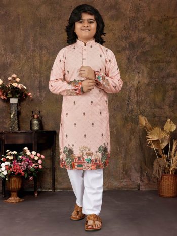 TRENDING RAYON ZARI CROCHET WORK KID'S KURTA WITH PAYJAMA BABY PINK