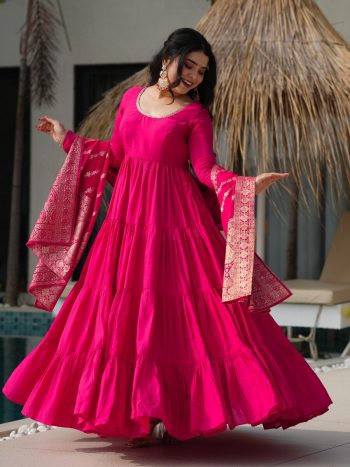 TRENDING ROMAN SILK CHANDERI FABRIC LAYERED GOWN BOTTOM WITH DUPATTA RANI