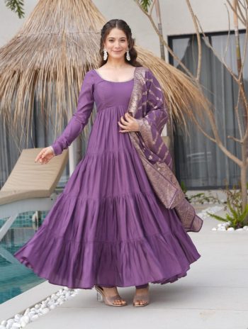 TRENDING ROMAN SILK CHANDERI FABRIC LAYERED GOWN BOTTOM WITH DUPATTA LAVENDER