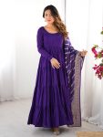 TRENDING ROMAN SILK CHANDERI FABRIC LAYERED GOWN BOTTOM WITH DUPATTA PURPLE