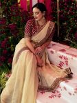TRENDING SOFT BANARASI CRUSH EMBROIDERY SEQUENCE LACE BORDER WORK SAREE WITH UNSTITCHED BLOUSE CREAM