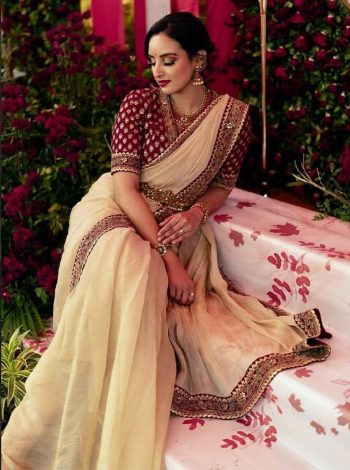 TRENDING SOFT BANARASI CRUSH EMBROIDERY SEQUENCE LACE BORDER WORK SAREE WITH UNSTITCHED BLOUSE CREAM
