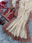 TRENDING SOFT BANARASI CRUSH EMBROIDERY SEQUENCE LACE BORDER WORK SAREE WITH UNSTITCHED BLOUSE PARTY WEAR WHOLESALE PRICE ETHNIC GARMENT (4)