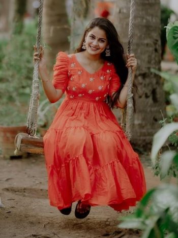TRENDING SOFT COTTON HAND PEARL WORK ONE PIECE ORANGE