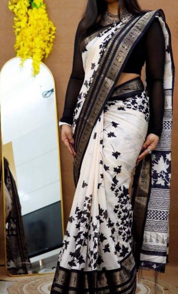 TRENDING SOFT DOLA SILK JACQUARD WEAVING BORDER AND KALAMKARI PRINTED SAREE WITH UNSTITCHED BLOUSE WHITE