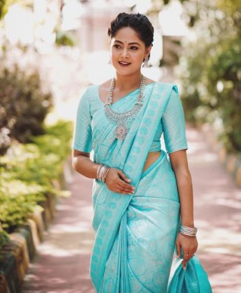 TRENDING SOFT LICHI SILK JACQUARD WORK SAREE WITH  UNSTITCHED BLOUSE  SKY