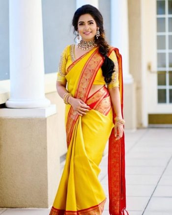 TRENDING SOFT LICHI SILK  JACQUARD WORK SAREE WITH  UNSTITCHED BLOUSE YELLOW