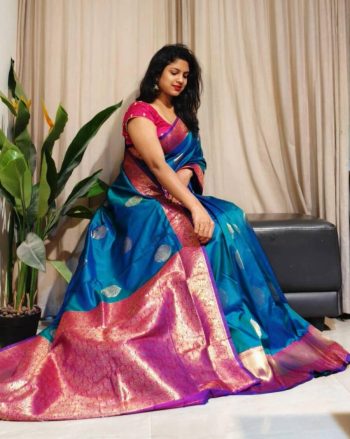 TRENDING SOFT SILK ZARI WEAVING WORK SAREE WITH UNSTITCHED BLOUSE TEAL