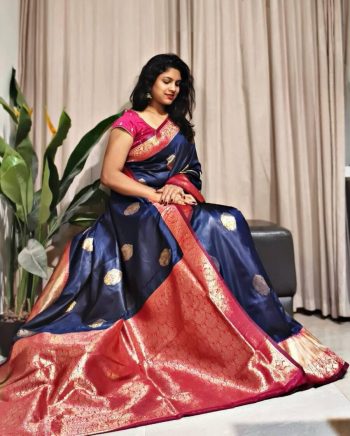 TRENDING SOFT SILK ZARI WEAVING WORK SAREE WITH UNSTITCHED BLOUSE NAVY BLUE