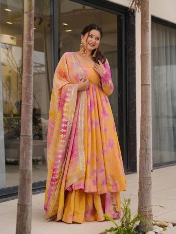 TRENDING VICHITRA SILK DIGITAL PRINTED PLAIN GOWN BOTTOM WITH SEQUENCE CODING WORK DUPATTA YELLOW
