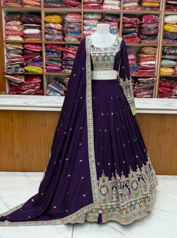 TRENDING VICHITRA SILK EMBROIDERY SEQUENCE THREAD WORK STITCHED LEHENGA CHOLI WITH DUPATTA PURPLE